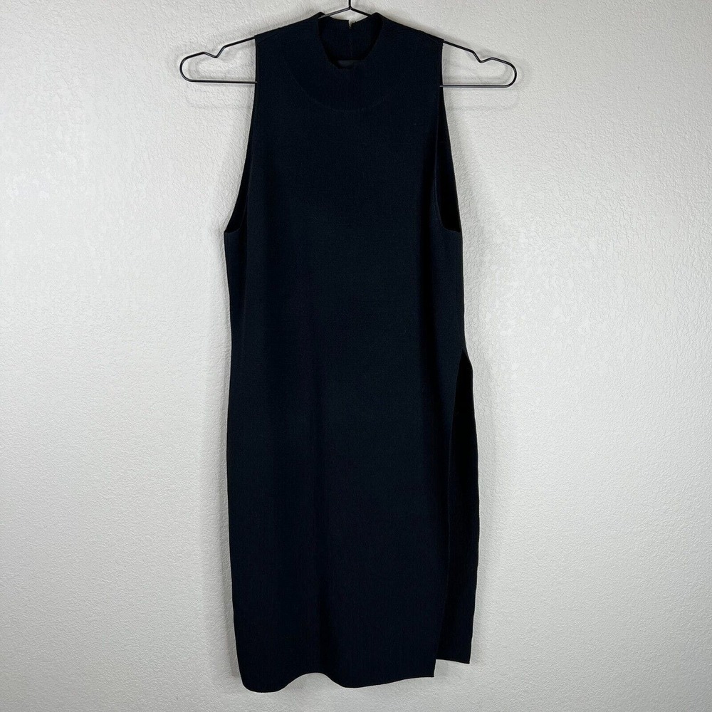 Intermix Tunic Top Size Medium Black Sleeveless Mock Neck Knit Side Slit Preppy